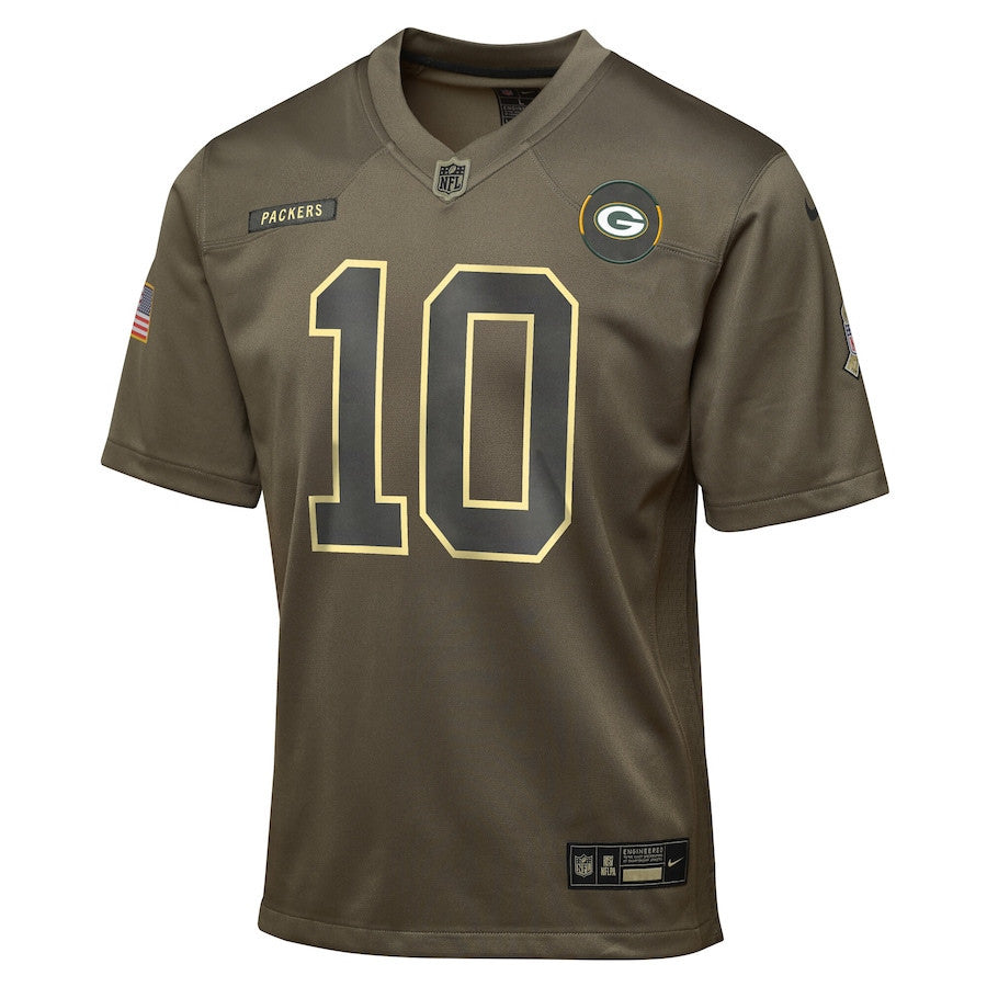 Jordan Love 10 Green Bay Packers 2025 Salute to Service YOUTH Jersey - Olive