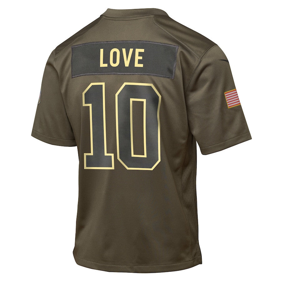 Jordan Love 10 Green Bay Packers 2025 Salute to Service YOUTH Jersey - Olive