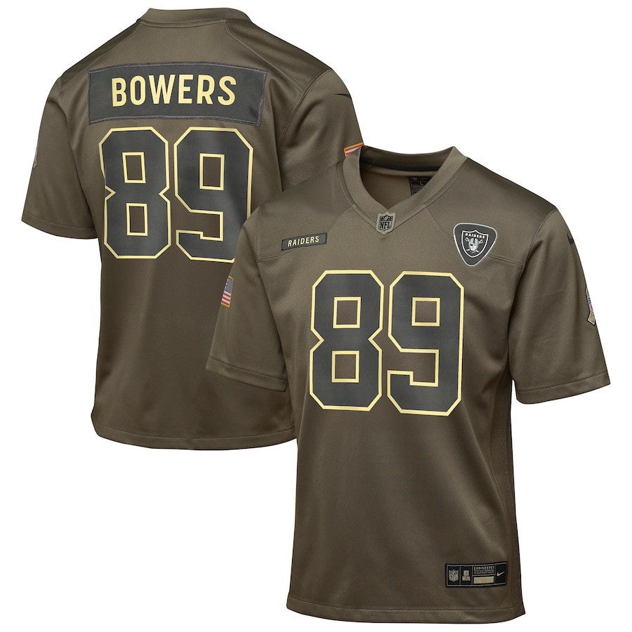 Brock Bowers 89 Las Vegas Raiders 2025 Salute to Service YOUTH Jersey - Olive