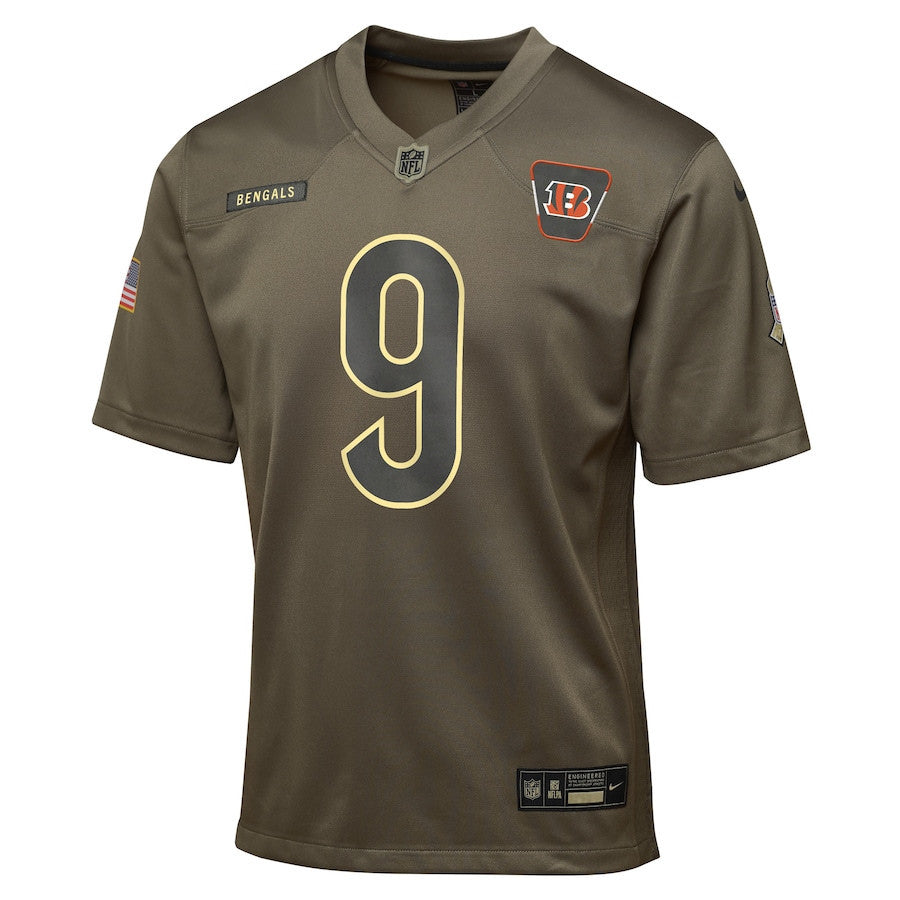 Joe Burrow 9 Cincinnati Bengals 2025 Salute to Service YOUTH Jersey - Olive