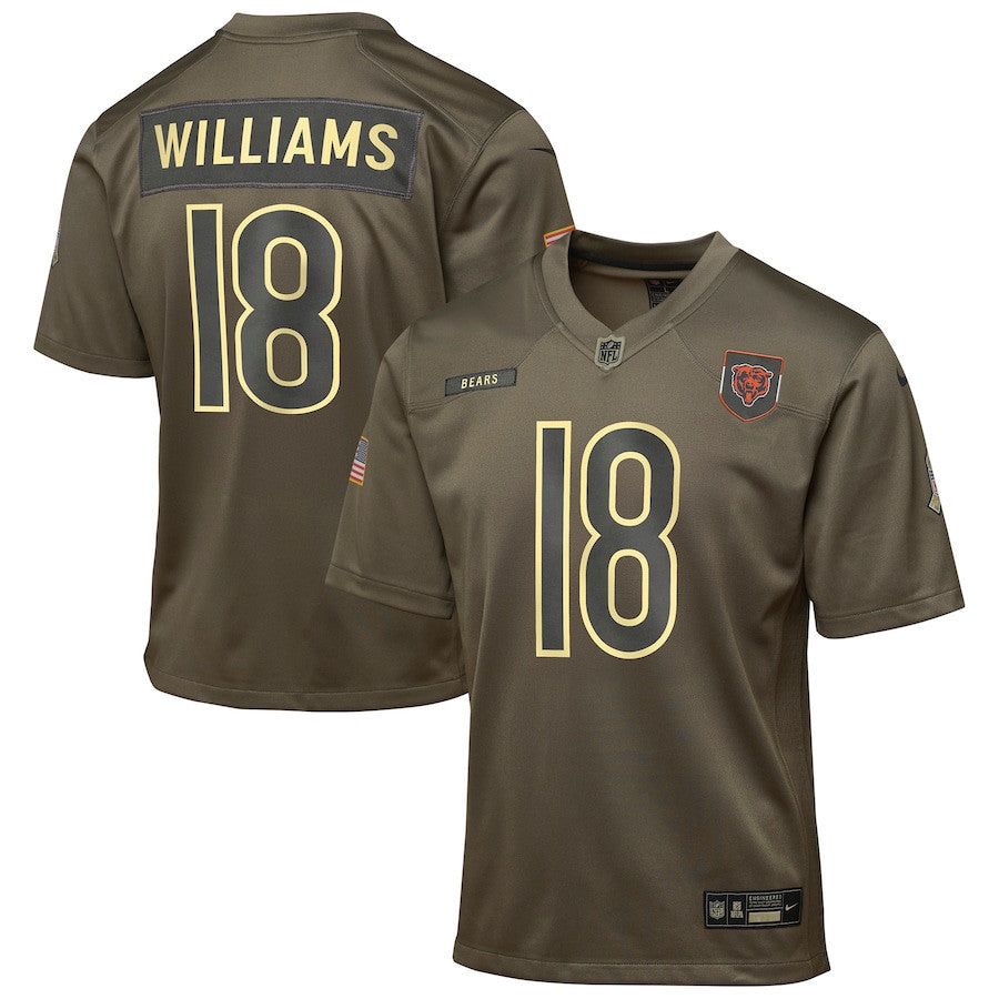 Caleb Williams 18 Chicago Bears 2025 Salute to Service YOUTH Jersey - Olive