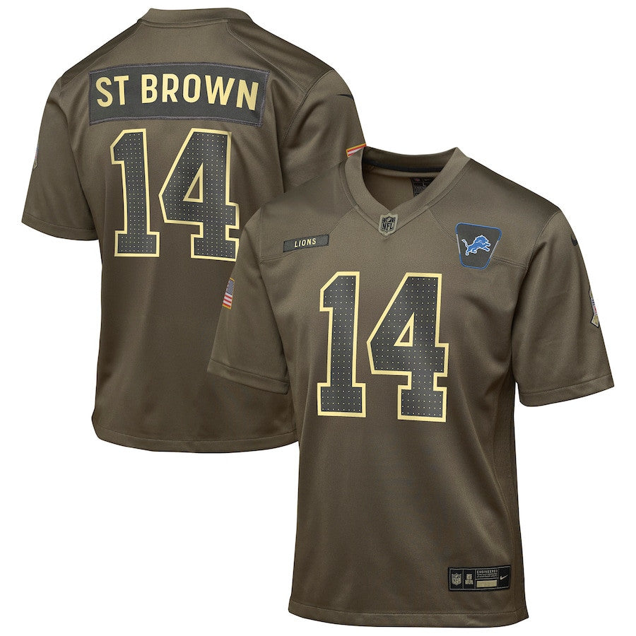Amon-Ra St. Brown 14 Detroit Lions 2025 Salute to Service YOUTH Jersey - Olive