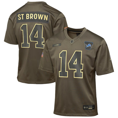 Amon-Ra St. Brown 14 Detroit Lions 2025 Salute to Service YOUTH Jersey - Olive