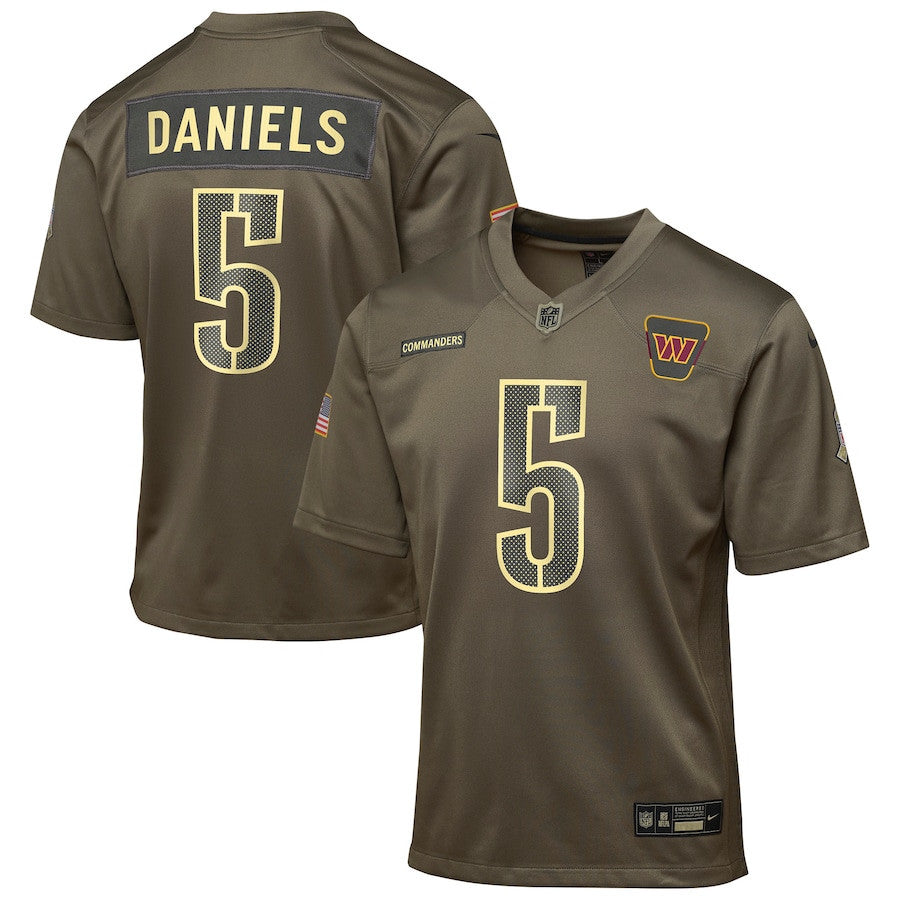 Jayden Daniels 5 Washington Commanders 2025 Salute to Service YOUTH Jersey - Olive