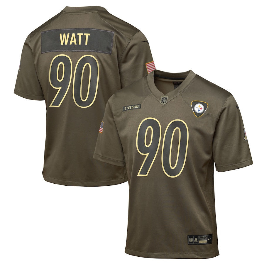 T.J. Watt 90 Pittsburgh Steelers 2025 Salute to Service YOUTH Jersey - Olive