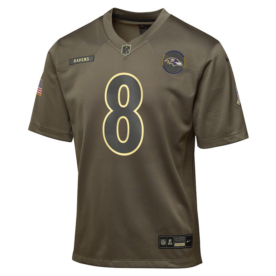 Lamar Jackson 8 Baltimore Ravens 2025 Salute to Service YOUTH Jersey - Olive