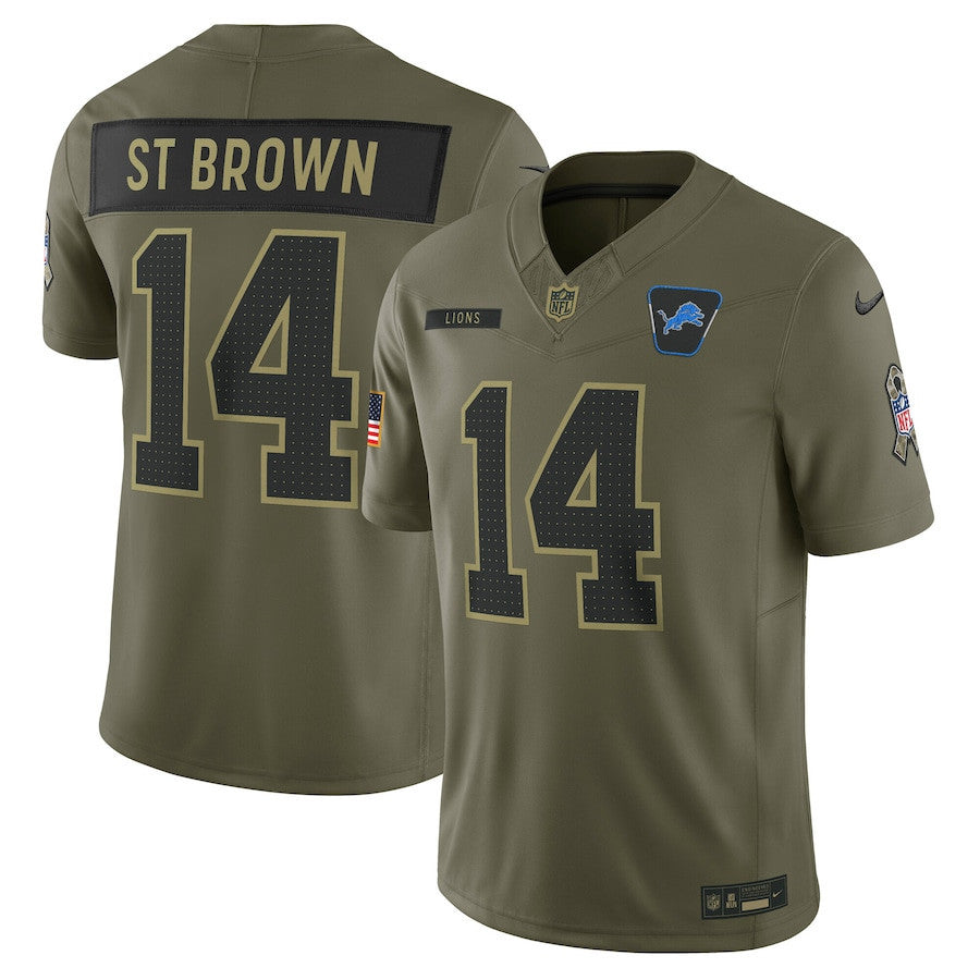 Amon-Ra St. Brown 14 Detroit Lions 2025 Salute To Service Men Jersey - Olive