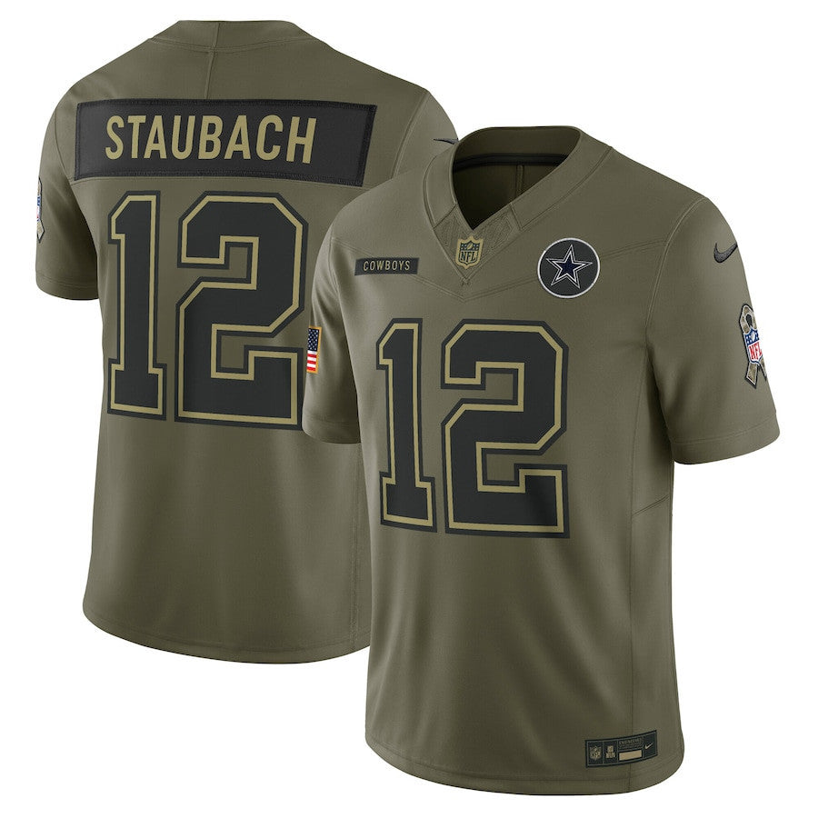 Roger Staubach 12 Dallas Cowboys 2025 Salute To Service Men Jersey - Olive