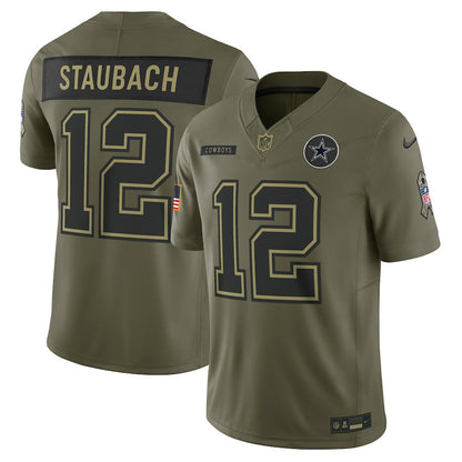 Roger Staubach 12 Dallas Cowboys 2025 Salute To Service Men Jersey - Olive