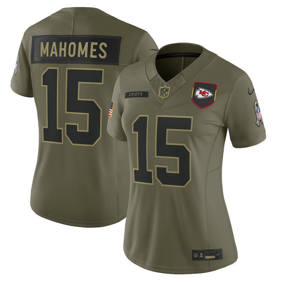 Patrick Mahomes 15 Kansas City Chiefs Women's 2025 Salute to Service Limited Jersey - Olive