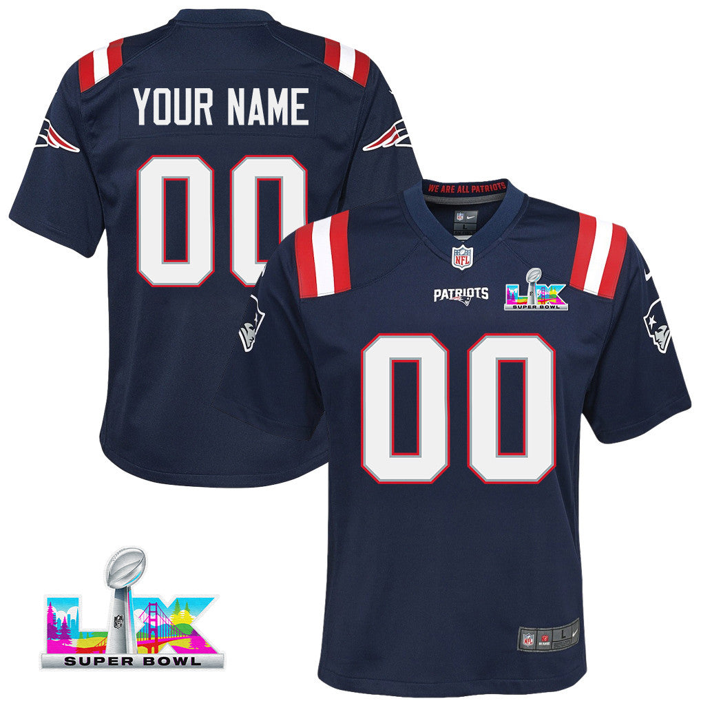 New England Patriots YOUTH 2026 Super Bowl LX Custom Game Jersey - Navy