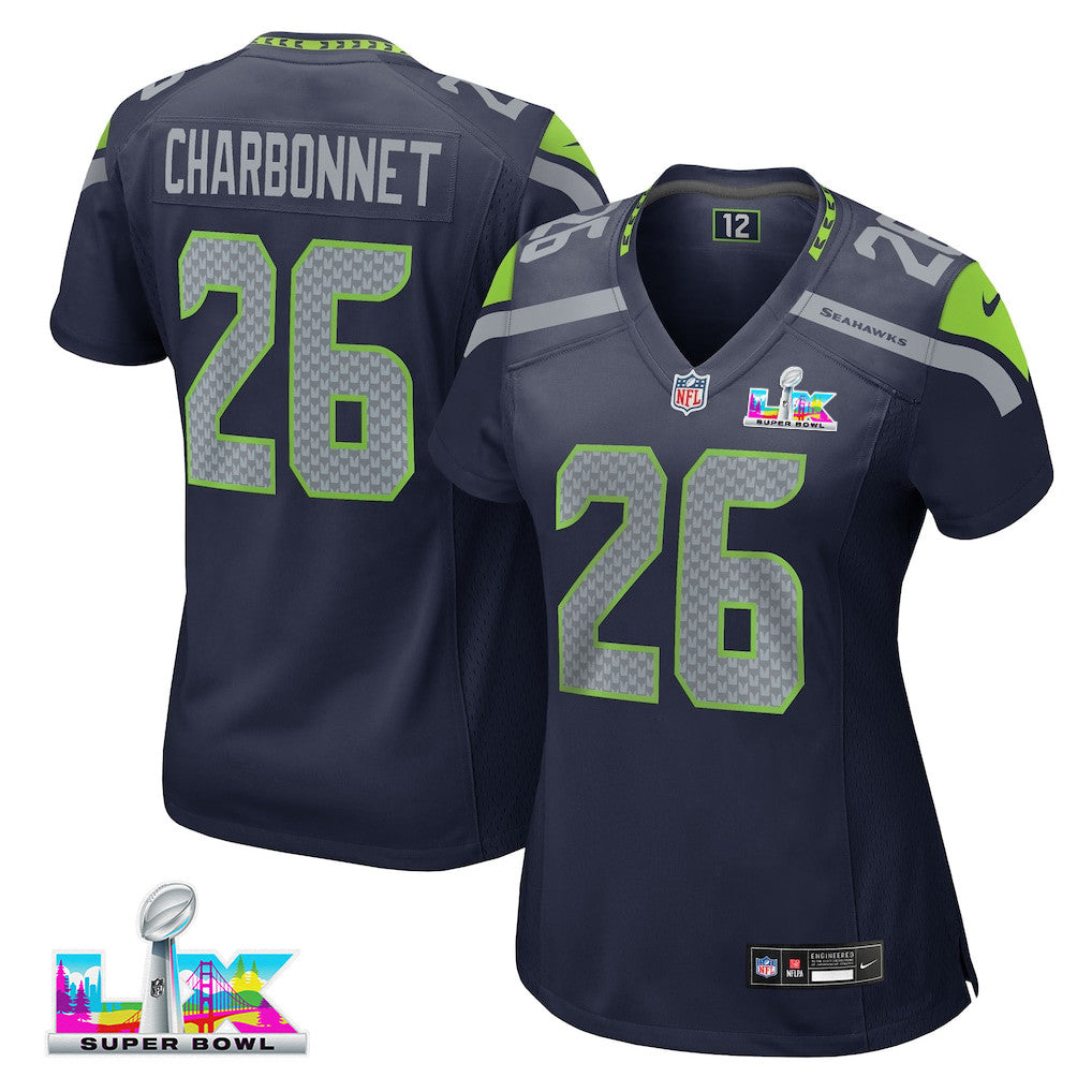 Zach Charbonnet 26 Seattle Seahawks 2026 Super Bowl LX - Women Navy Game Jersey