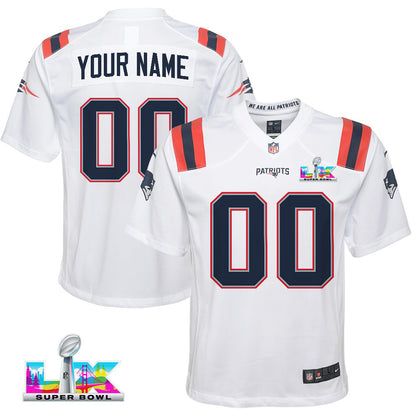 New England Patriots YOUTH 2026 Super Bowl LX Custom White Game Jersey