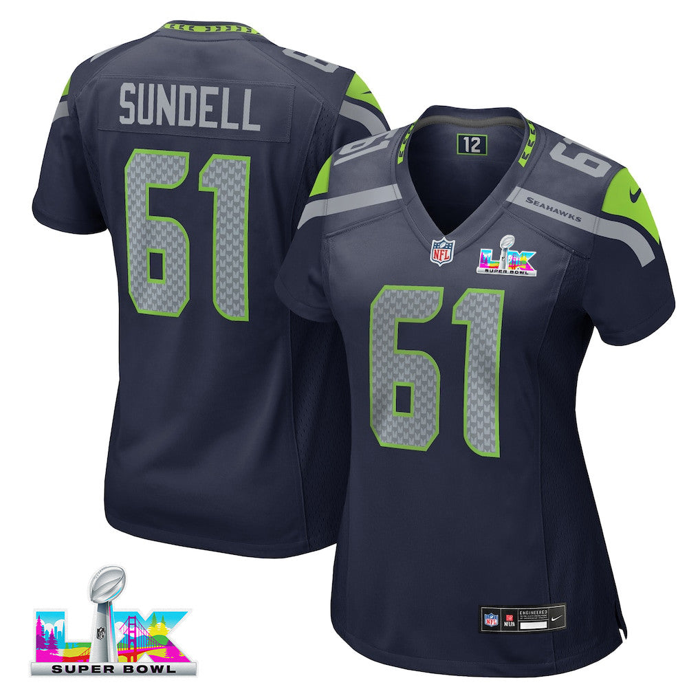Jalen Sundell 61 Seattle Seahawks 2026 Super Bowl LX - Women Navy Game Jersey
