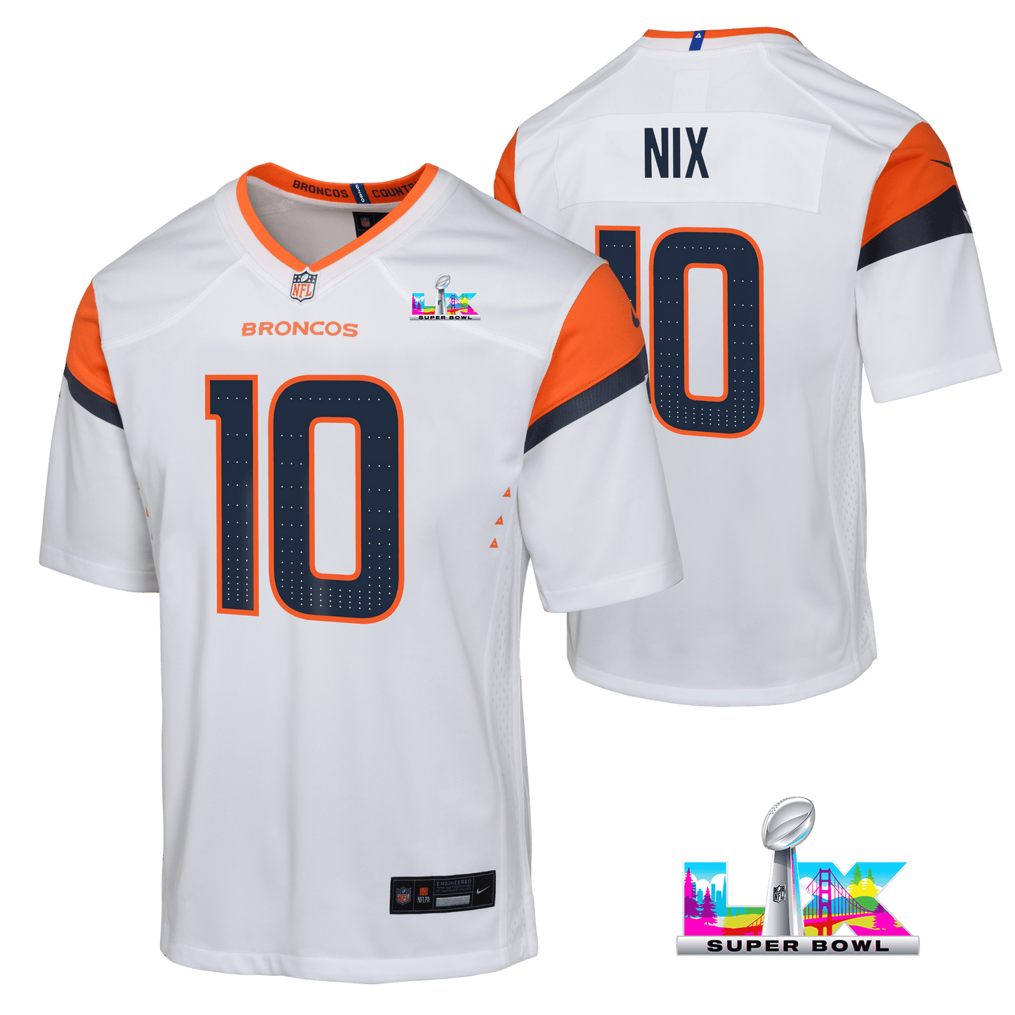 Bo Nix 10 Denver Broncos YOUTH 2026 Super Bowl LX - White Road Team Jersey
