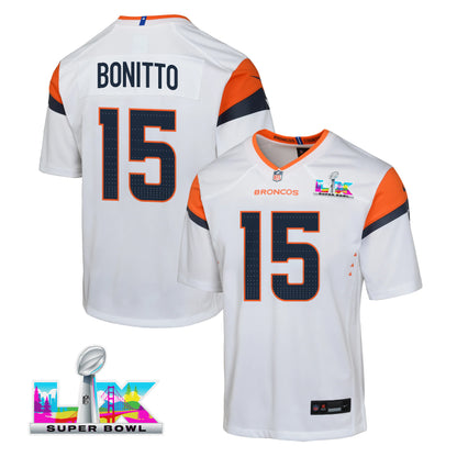 Nik Bonitto 15 Denver Broncos YOUTH 2026 Super Bowl LX - White Road Team Jersey