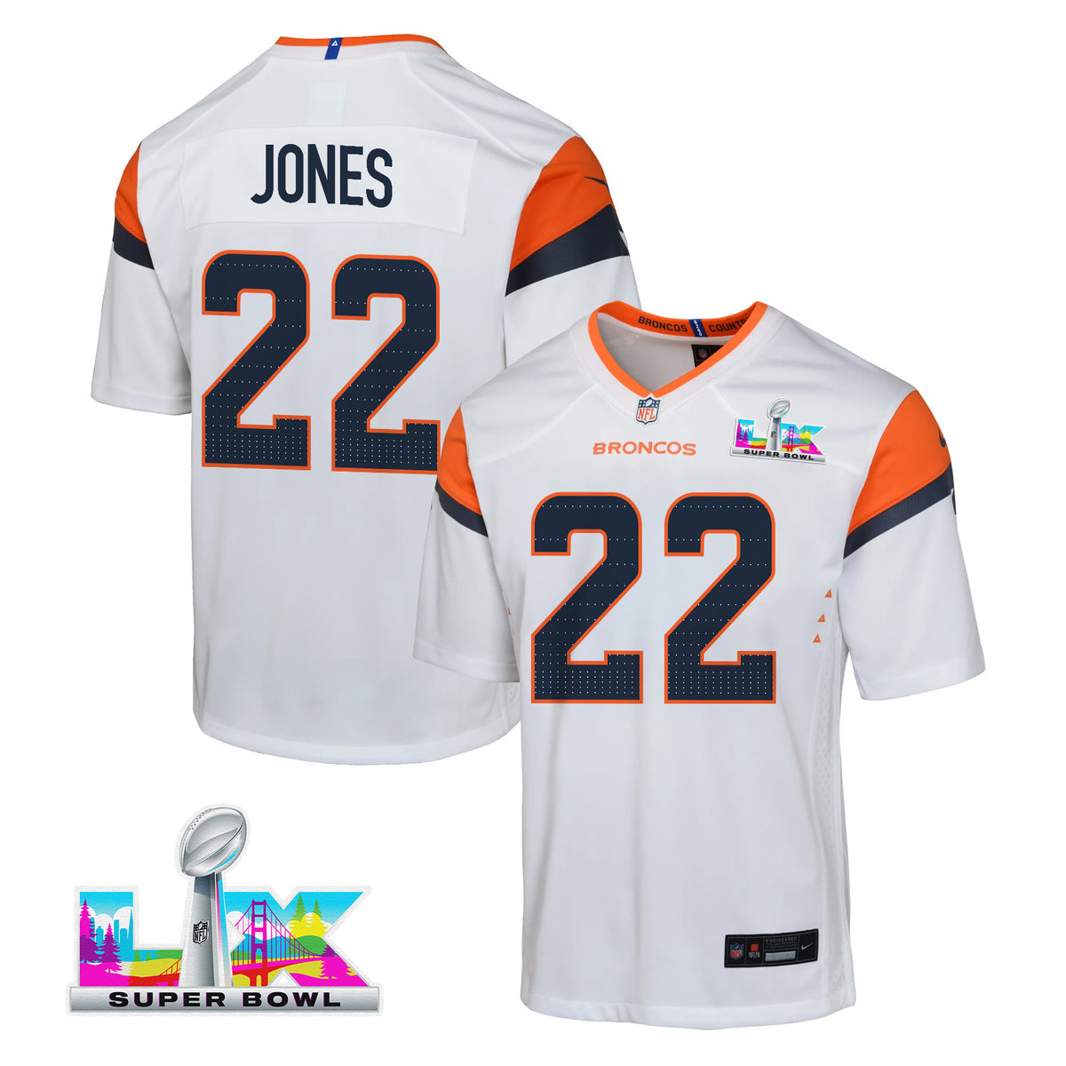 Brandon Jones 22 Denver Broncos YOUTH 2026 Super Bowl LX - White Road Team Jersey