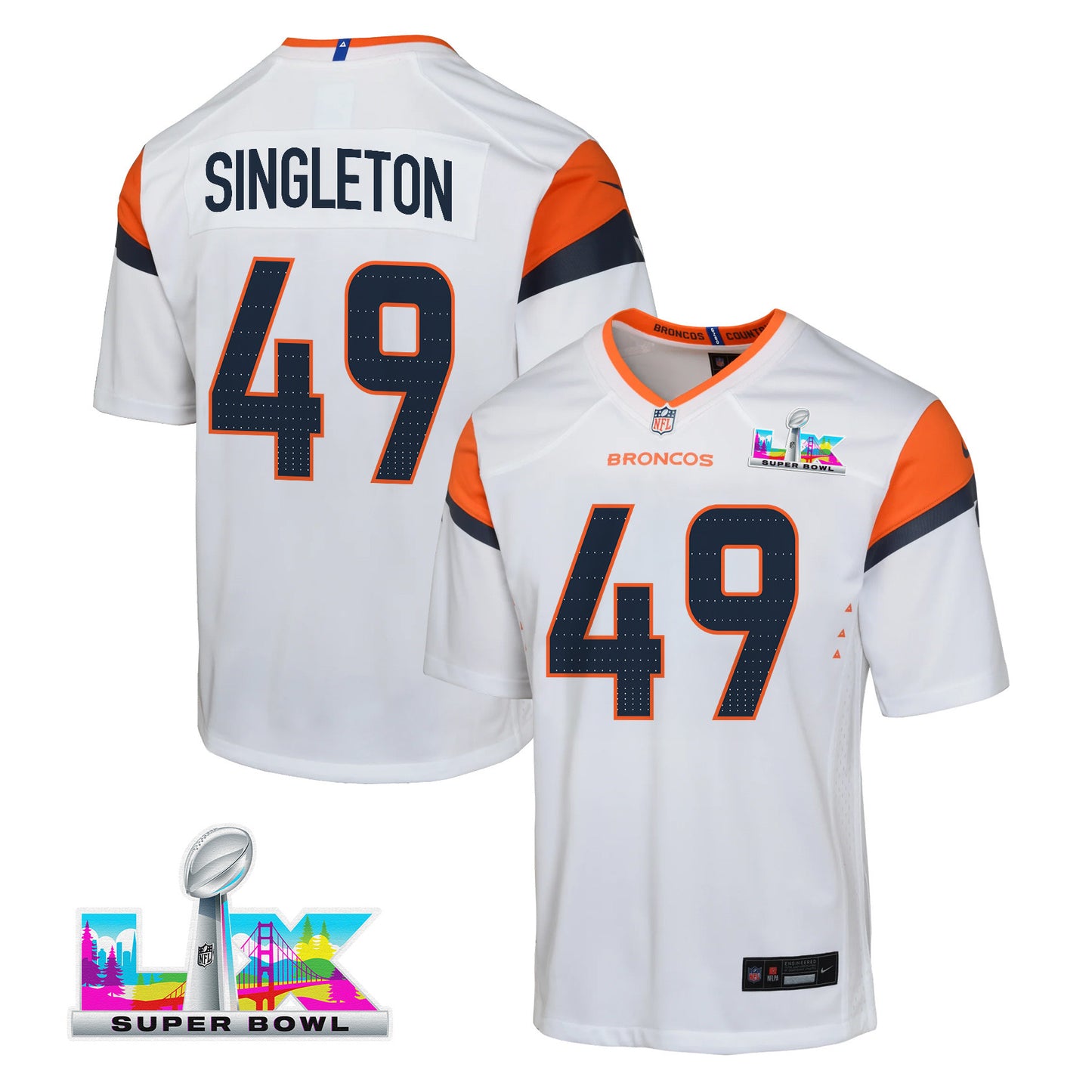 Alex Singleton 49 Denver Broncos YOUTH 2026 Super Bowl LX - White Road Team Jersey