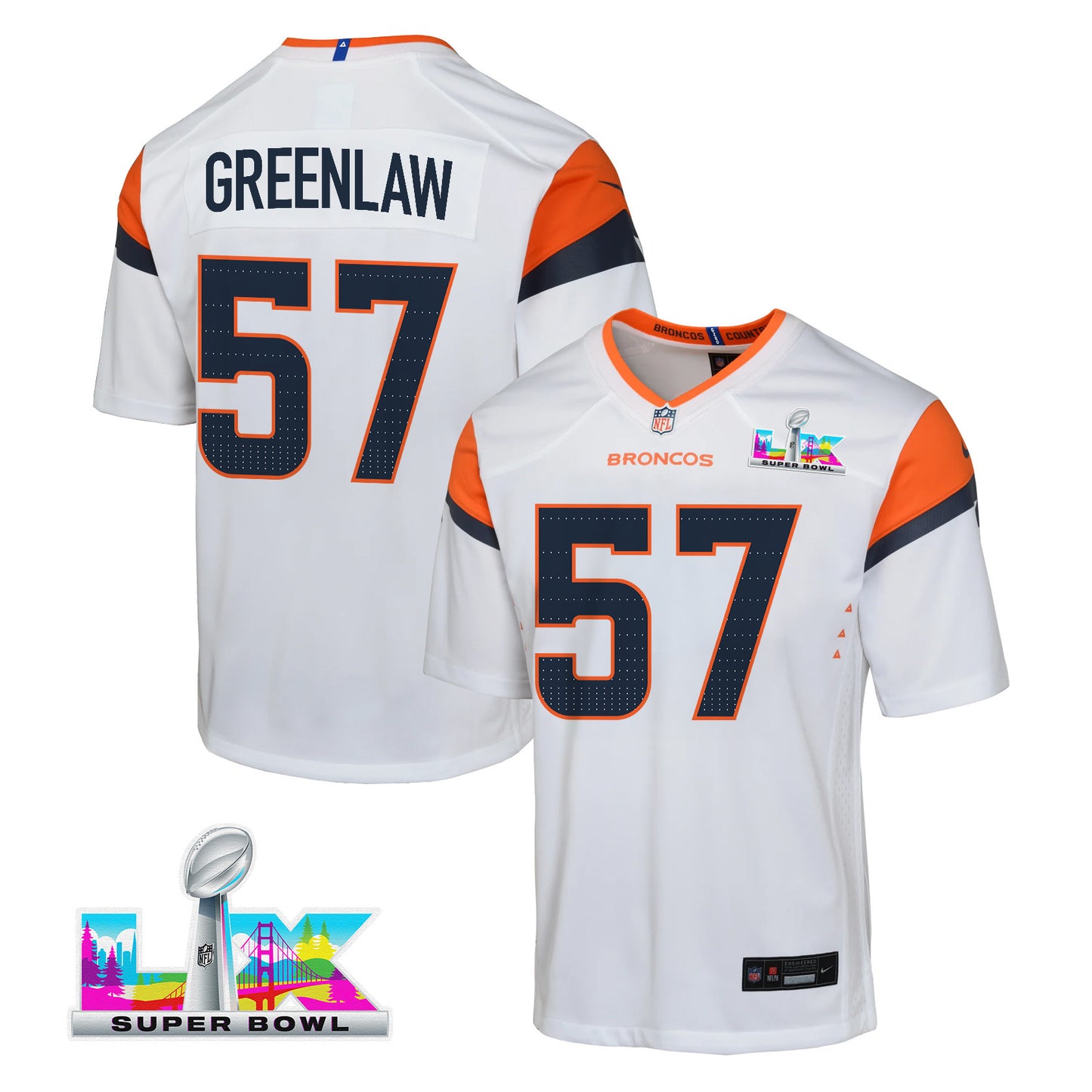 Dre Greenlaw 57 Denver Broncos YOUTH 2026 Super Bowl LX - White Road Team Jersey