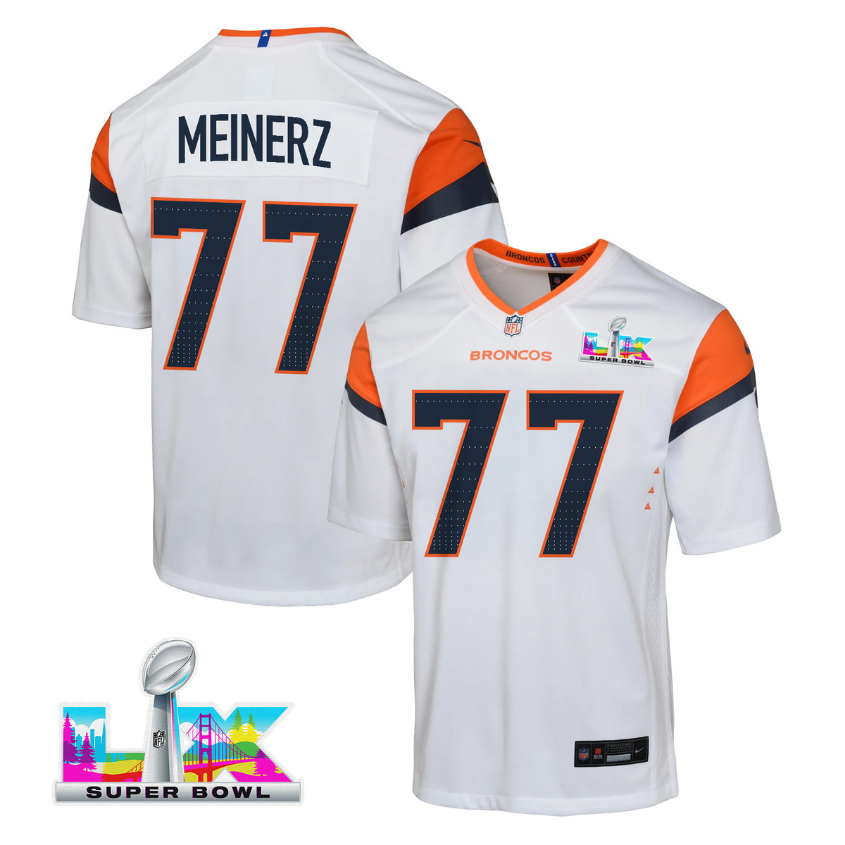 Quinn Meinerz 77 Denver Broncos YOUTH 2026 Super Bowl LX - White Road Team Jersey