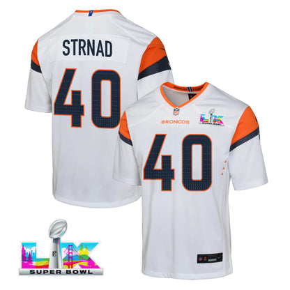 Justin Strnad 40 Denver Broncos YOUTH 2026 Super Bowl LX - White Road Team Jersey