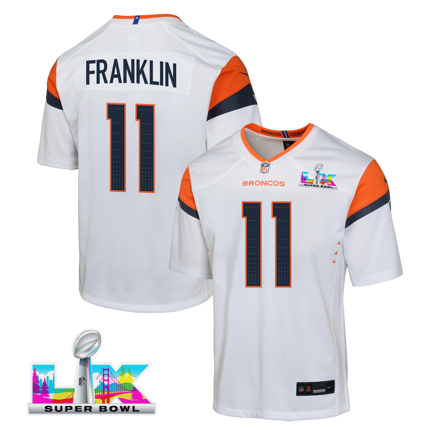 Troy Franklin 11 Denver Broncos YOUTH 2026 Super Bowl LX - White Road Team Jersey