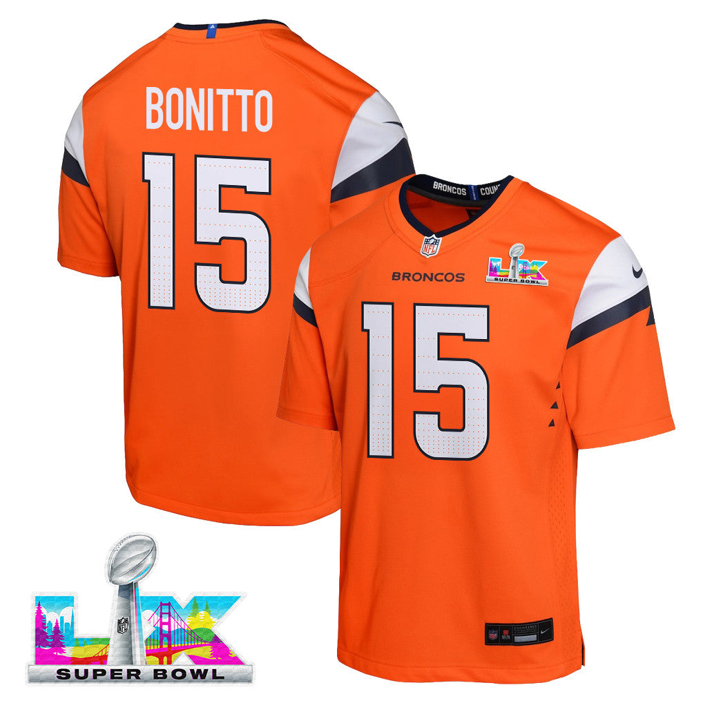 Nik Bonitto 15 Denver Broncos YOUTH - 2026 Super Bowl LX Orange Game Team Jersey