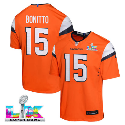 Nik Bonitto 15 Denver Broncos YOUTH - 2026 Super Bowl LX Orange Game Team Jersey