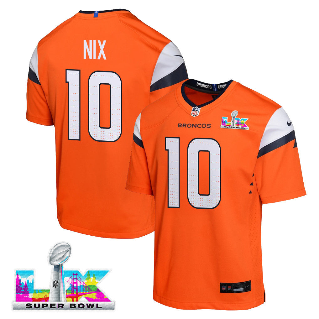Bo Nix 10 Denver Broncos YOUTH - 2026 Super Bowl LX Orange Game Team Jersey