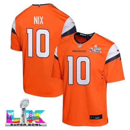 Bo Nix 10 Denver Broncos YOUTH - 2026 Super Bowl LX Orange Game Team Jersey