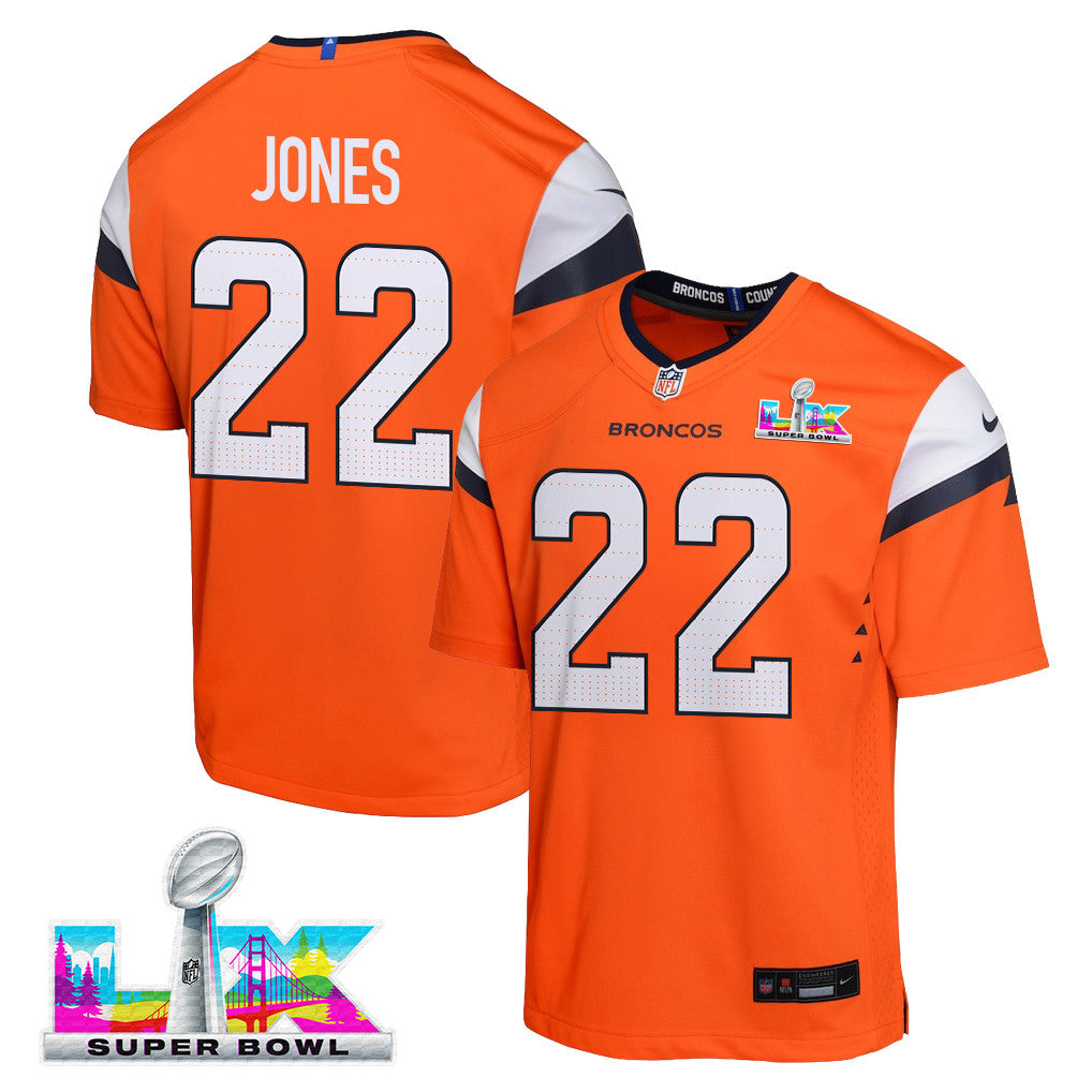 Brandon Jones 22 Denver Broncos YOUTH - 2026 Super Bowl LX Orange Game Team Jersey