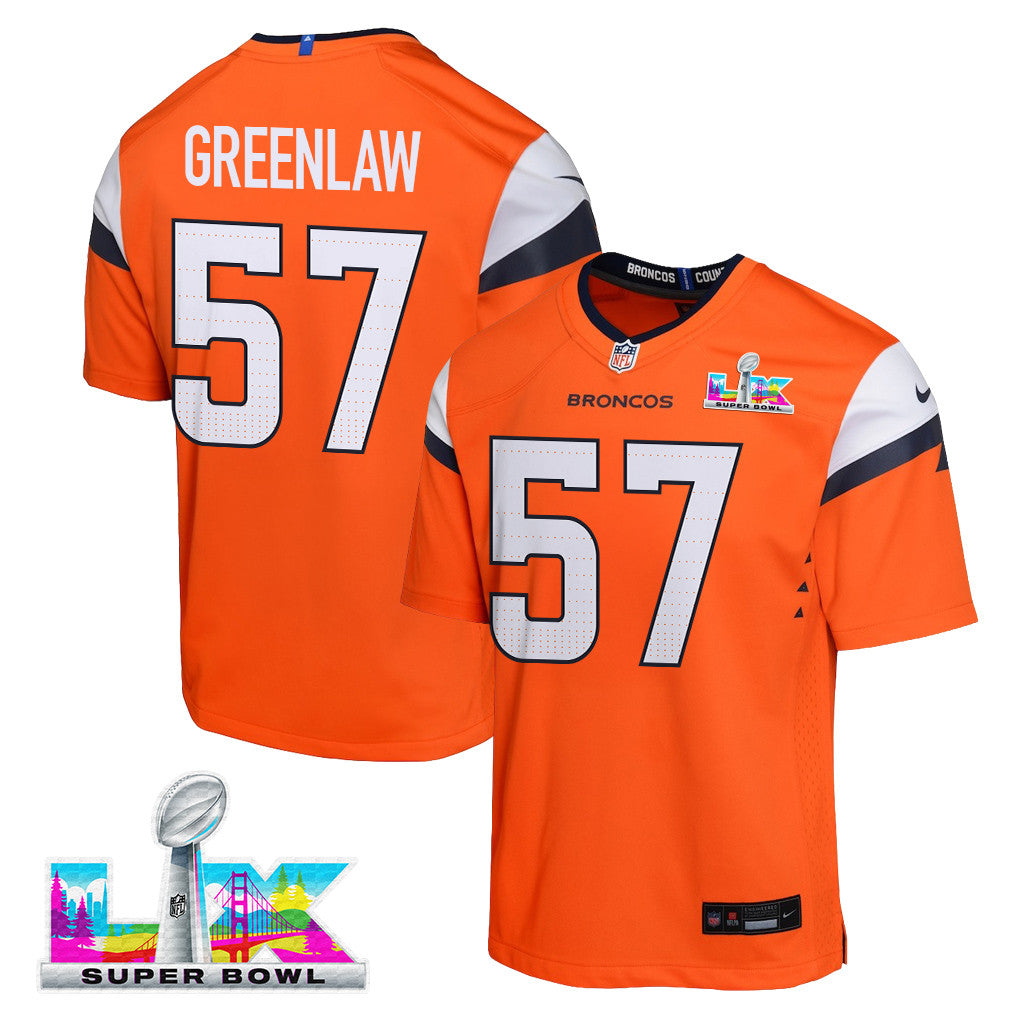 Dre Greenlaw 57 Denver Broncos YOUTH - 2026 Super Bowl LX Orange Game Team Jersey