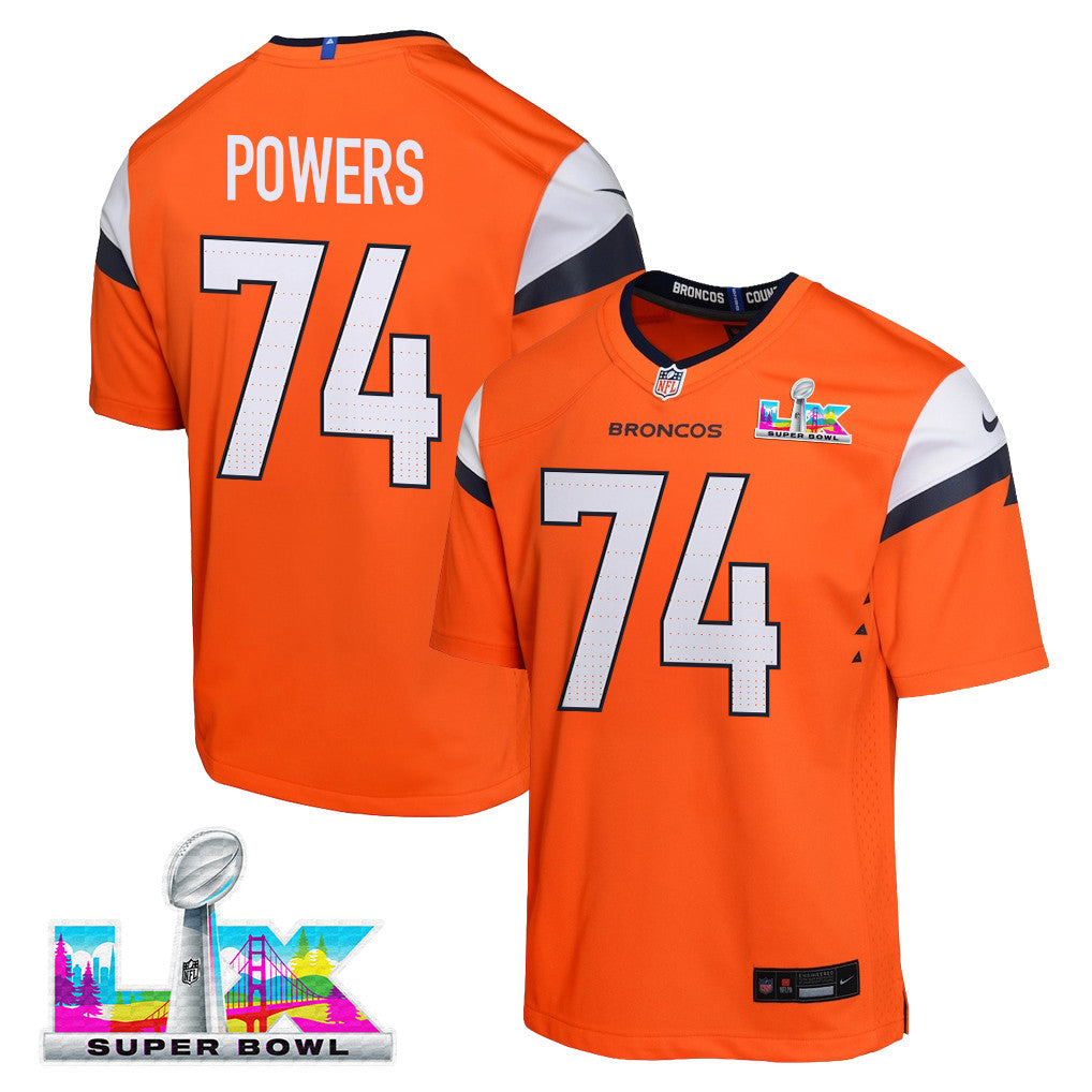 Ben Powers 74 Denver Broncos YOUTH - 2026 Super Bowl LX Orange Game Team Jersey