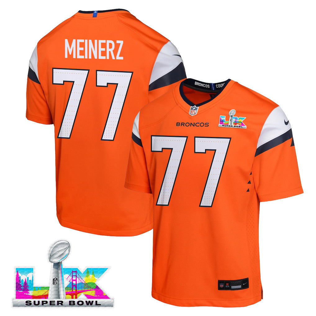Quinn Meinerz 77 Denver Broncos YOUTH - 2026 Super Bowl LX Orange Game Team Jersey