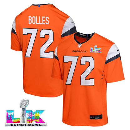 Garett Bolles 72 Denver Broncos YOUTH - 2026 Super Bowl LX Orange Game Team Jersey