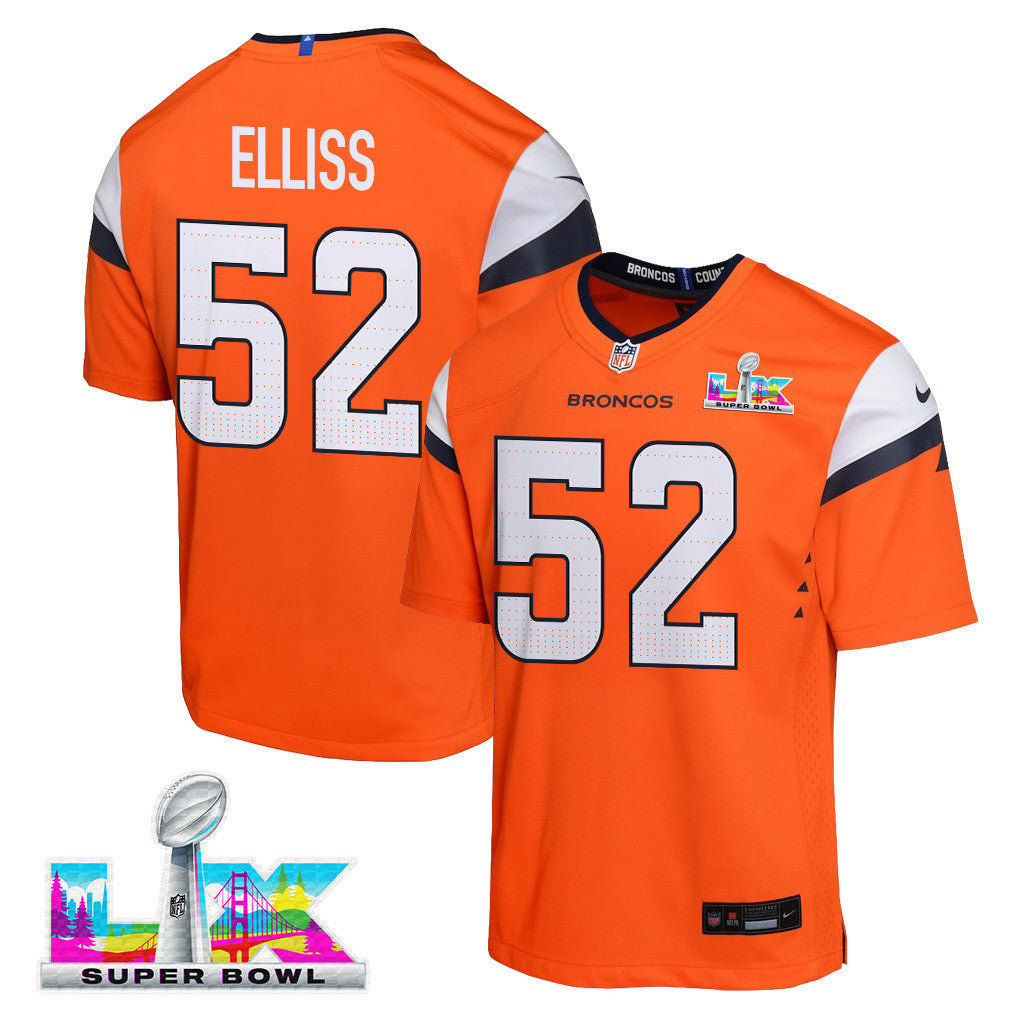 Jonah Elliss 52 Denver Broncos YOUTH - 2026 Super Bowl LX Orange Game Team Jersey
