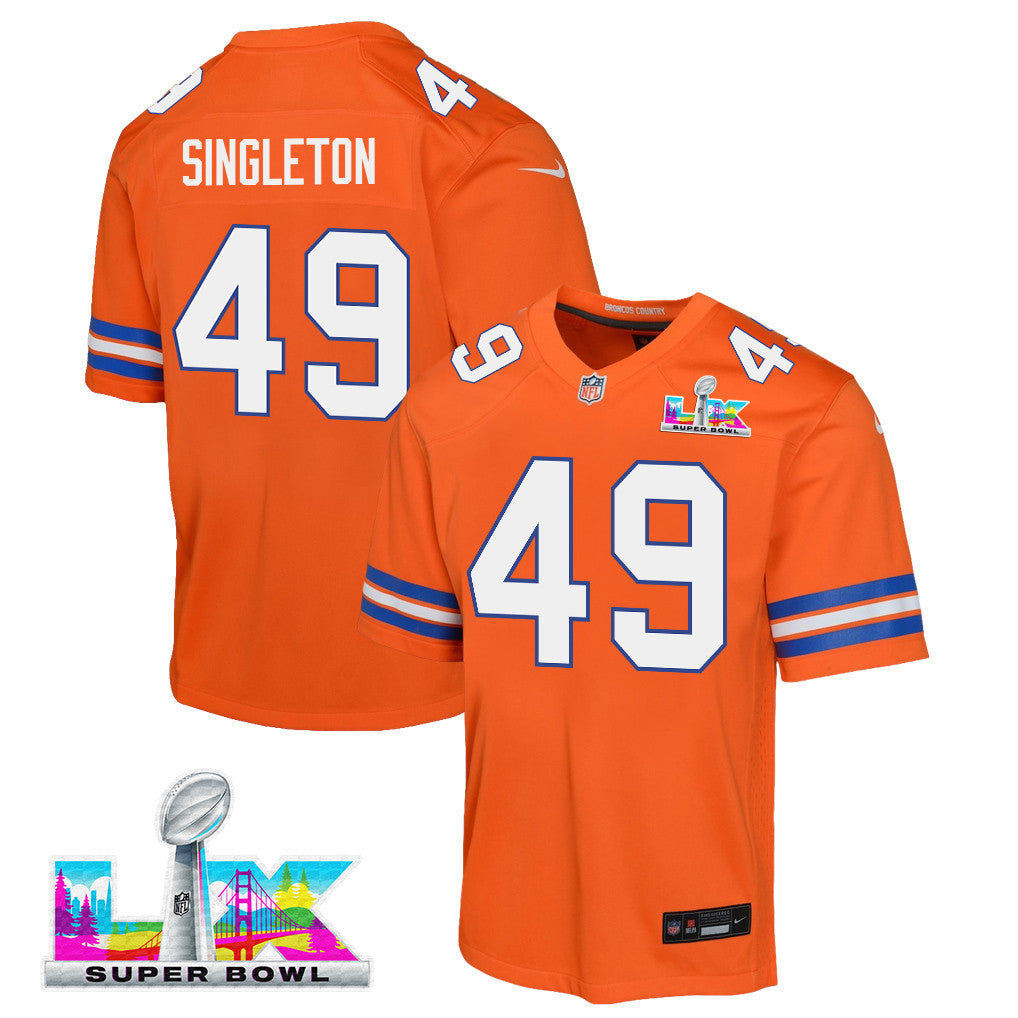 Alex Singleton 49 Denver Broncos YOUTH 2026 Super Bowl LX - Orange Game Jersey