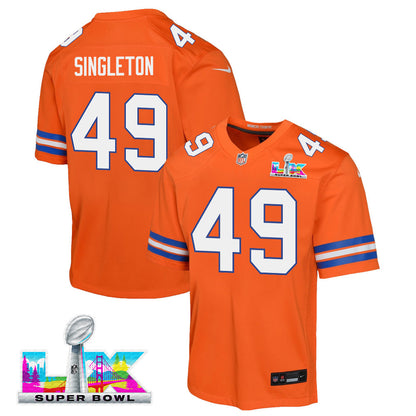 Alex Singleton 49 Denver Broncos YOUTH 2026 Super Bowl LX - Orange Game Jersey