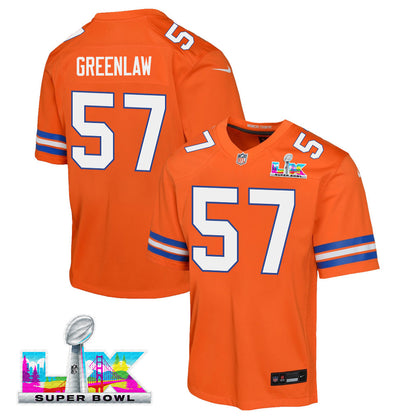 Dre Greenlaw 57 Denver Broncos YOUTH 2026 Super Bowl LX - Orange Game Jersey