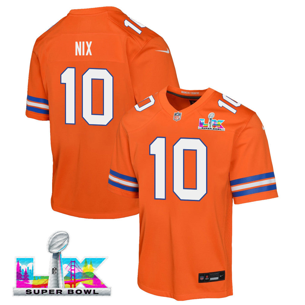 Bo Nix 10 Denver Broncos YOUTH 2026 Super Bowl LX - Orange Game Jersey