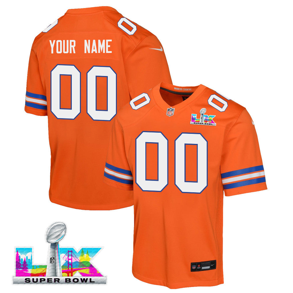 Denver Broncos YOUTH 2026 Super Bowl LX - Custom Orange Game Jersey