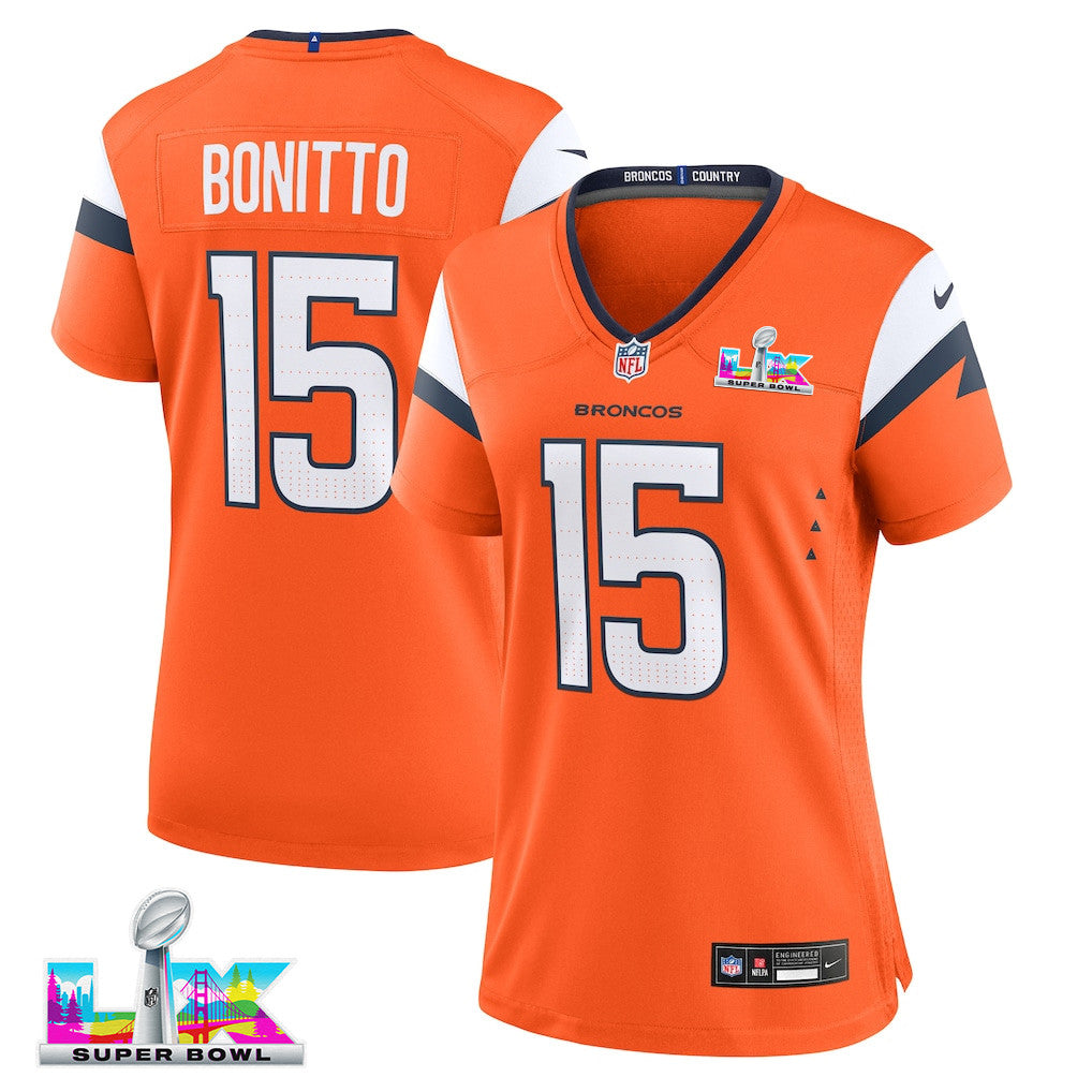 Nik Bonitto 15 Women's Denver Broncos 2026 Super Bowl LX - Orange Game Jersey
