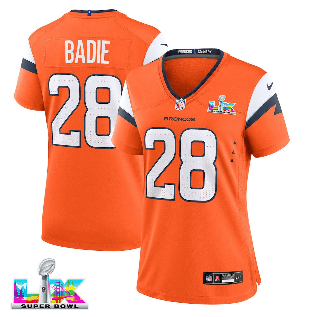 Tyler Badie 28 Women's Denver Broncos 2026 Super Bowl LX - Orange Game Jersey