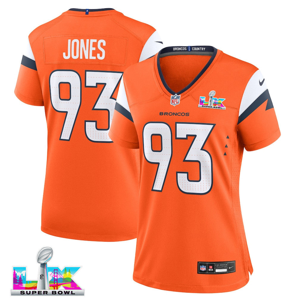 D.J. Jones 93 Women's Denver Broncos 2026 Super Bowl LX - Orange Game Jersey