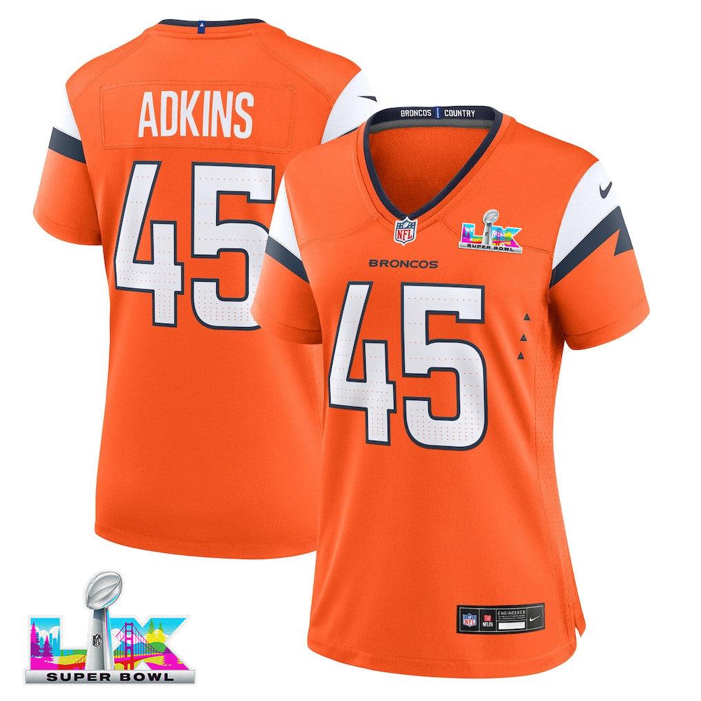 Nate Adkins 42 Women's Denver Broncos 2026 Super Bowl LX - Orange Game Jersey