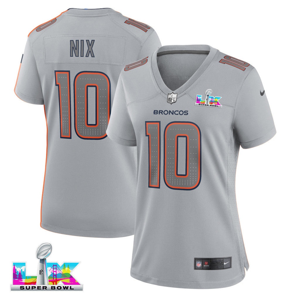Bo Nix 10 Women's Denver Broncos 2026 Super Bowl LX - Gray Fashion Atmosphere Jersey