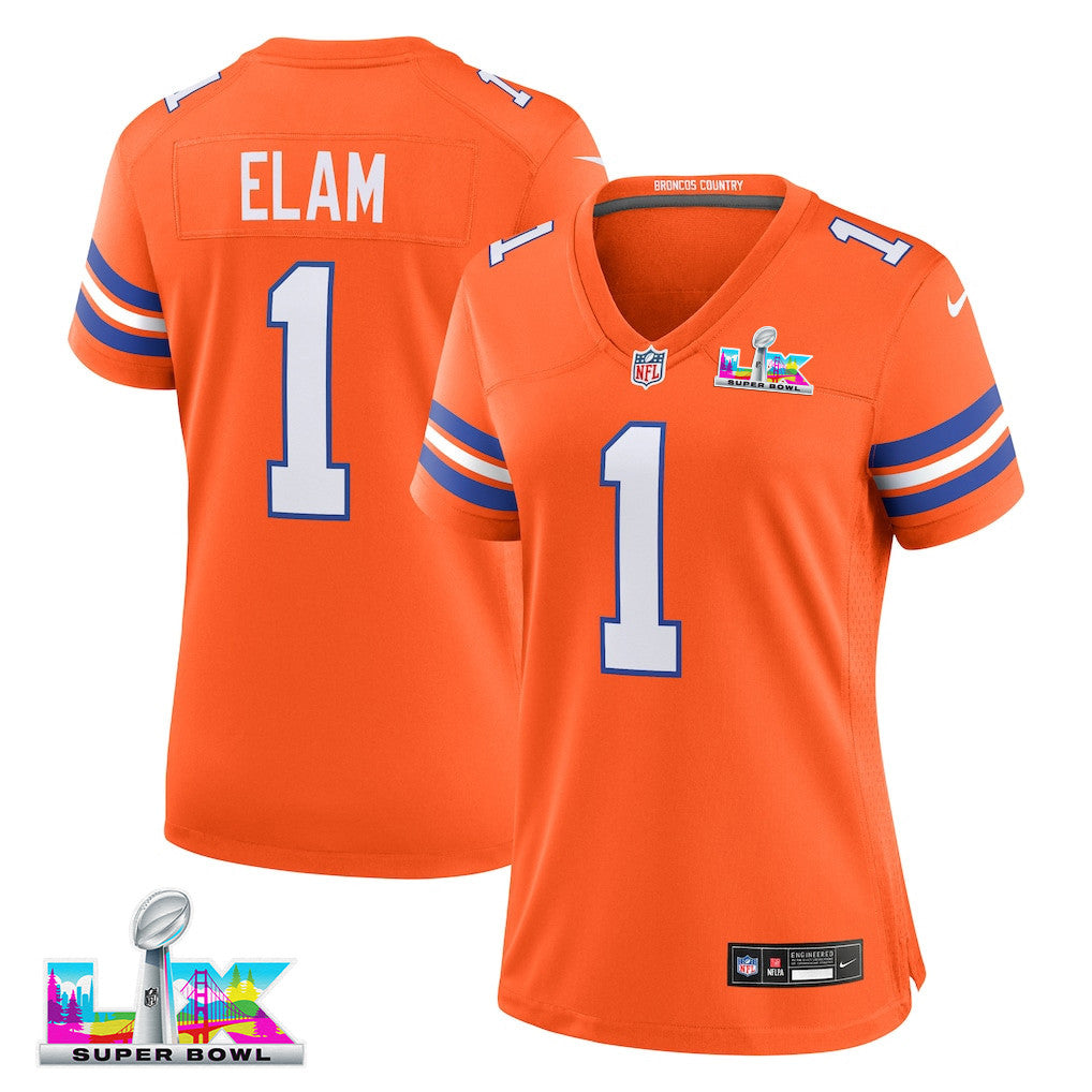 Jason Elam 1 Women's Denver Broncos 2026 Super Bowl LX - Orange Orange 1977 Throwback Jersey