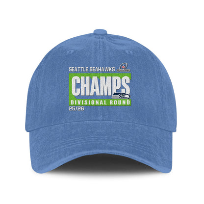 Seattle Seahawks Divisional Champs 25/26 Washed Cotton Cap – Printed Graphic - Denim Blue