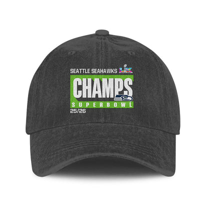 Seattle Seahawks Super Bowl LX Champs 25/26 Washed Cap – Printed Graphic - Dark Grey