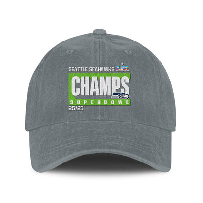 Seattle Seahawks Super Bowl LX Champs 25/26 Washed Cap – Printed Graphic - Light Grey